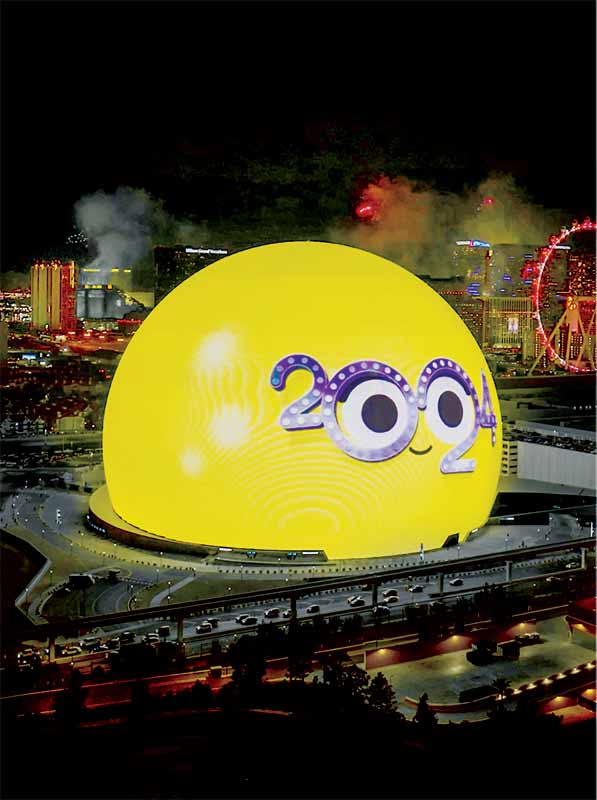 The Las Vegas Sphere with 2024 displayed on its LED screen.
