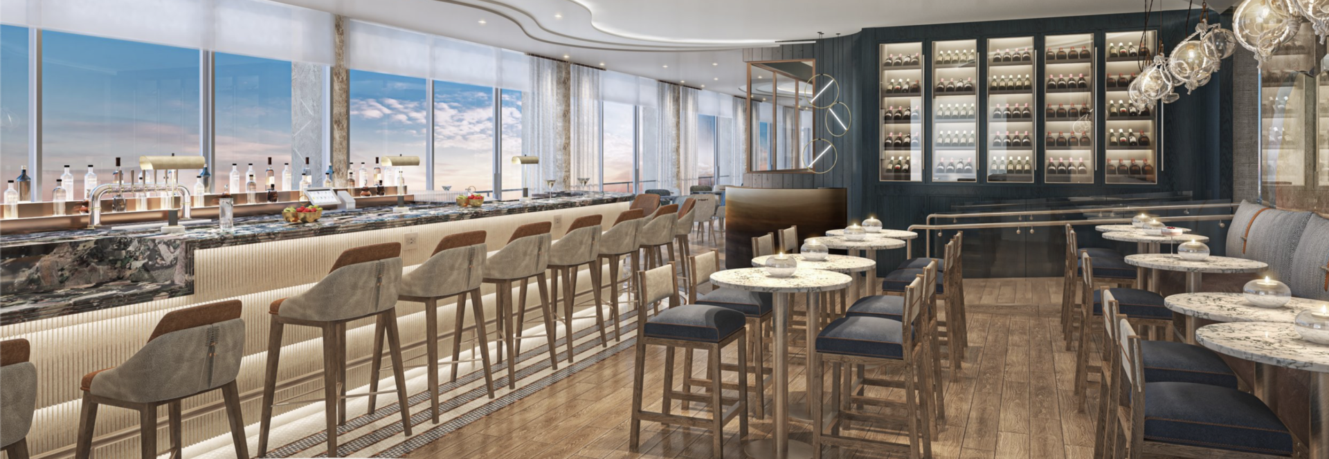 Several tables on one side with bar stools on the other.
