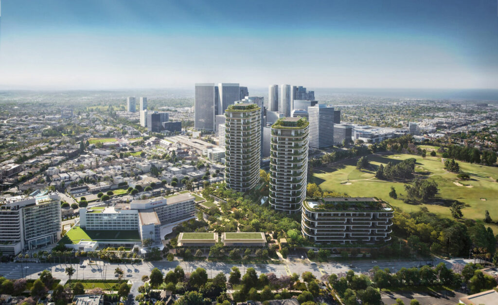 An aerial rendering of One Beverly Hills.