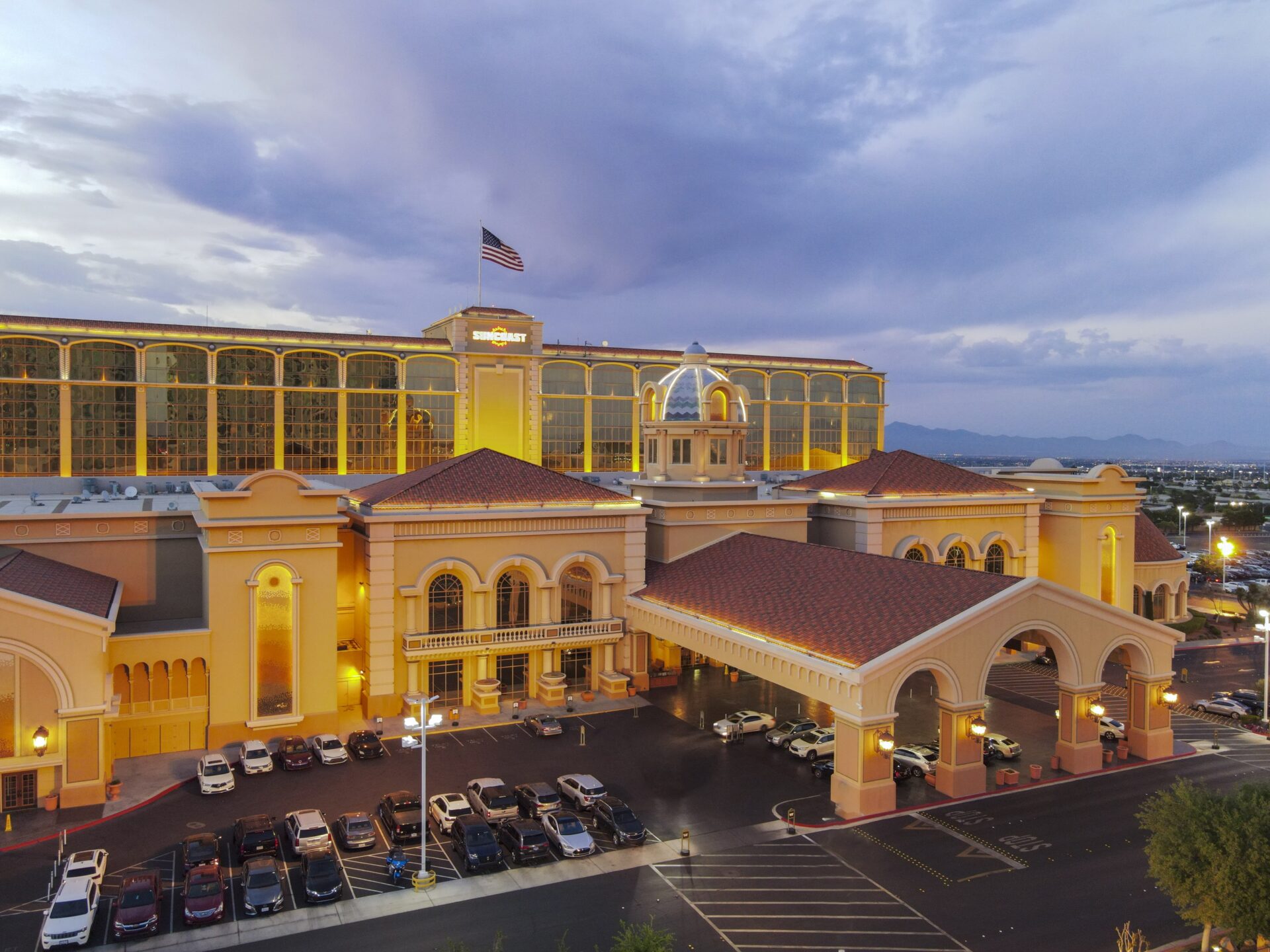 An aerial view of the hotel.