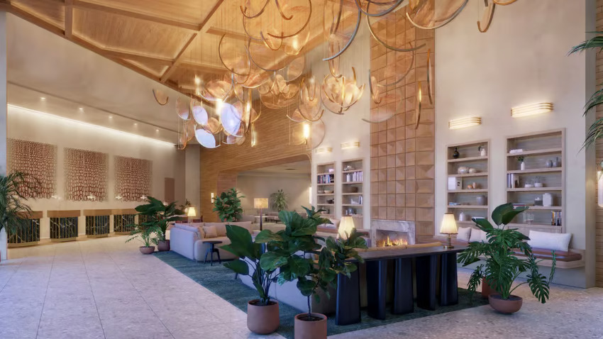 The reception at the hotel with seating.