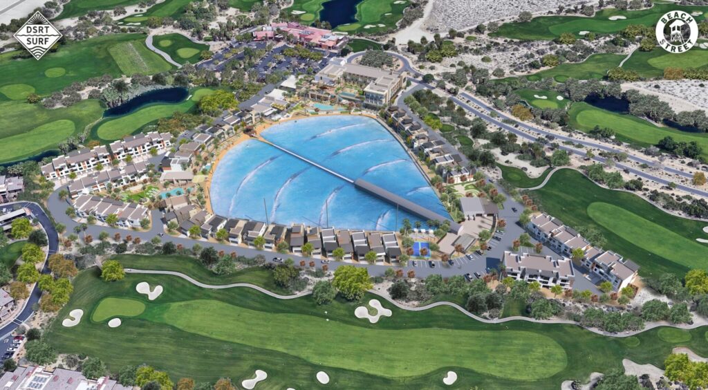 An aerial view of the rendering of the resort.