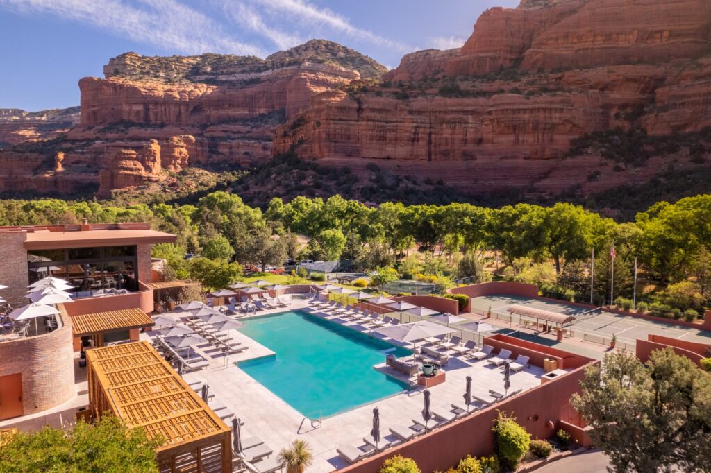 An ariel view of the resort and its pool deck.