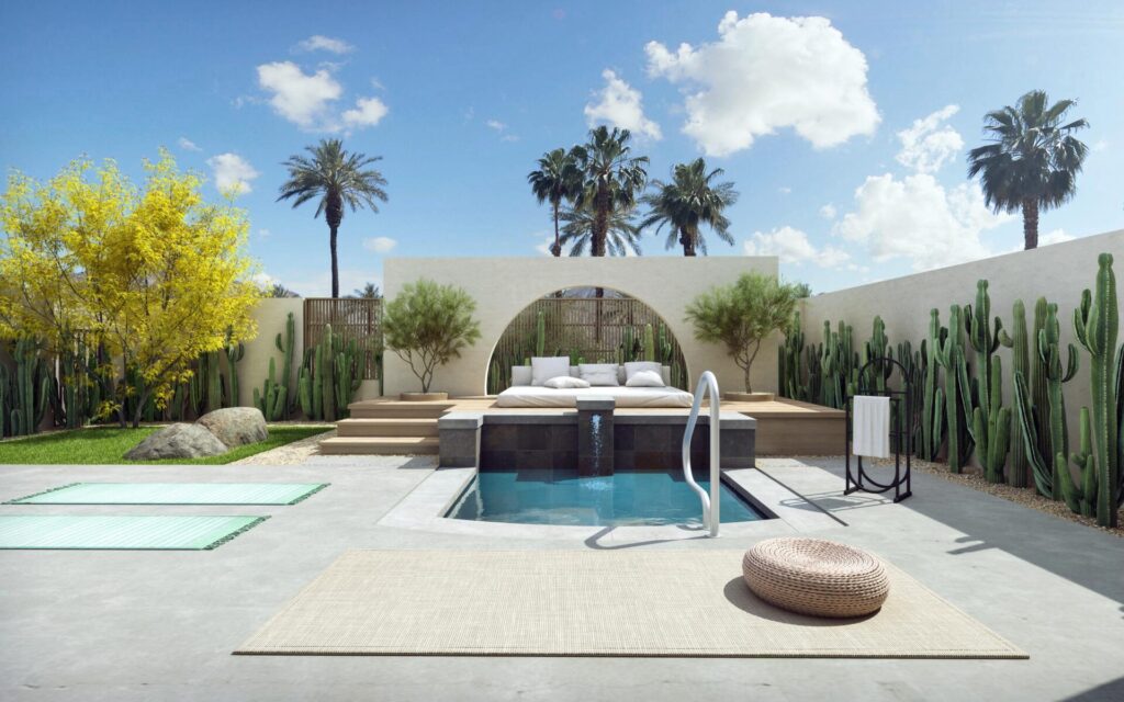 A rendering of the redesigned luxury villa’s private backyard.