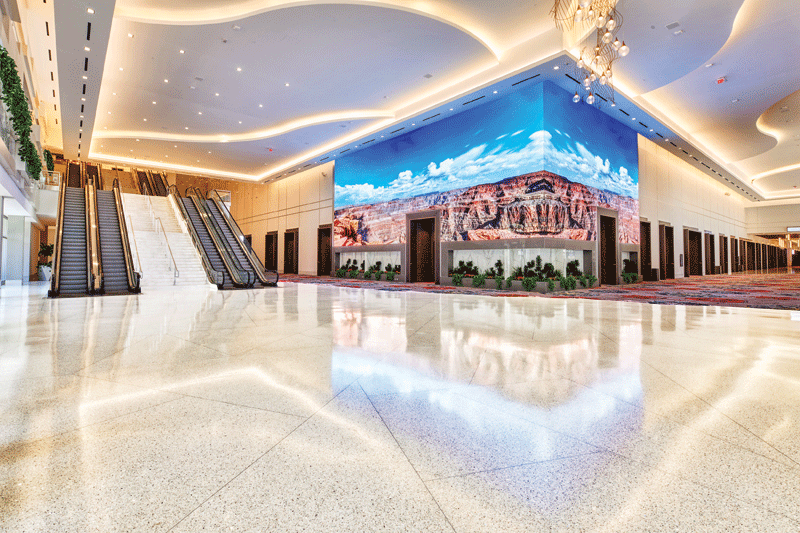 Escalators and a path inside Caesars Forum.