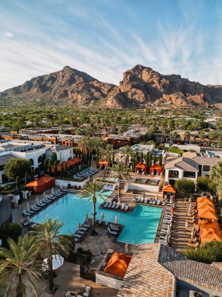 An aerial view of Omni Scottsdale Resort & Spa at Montelucia with the pool featured.