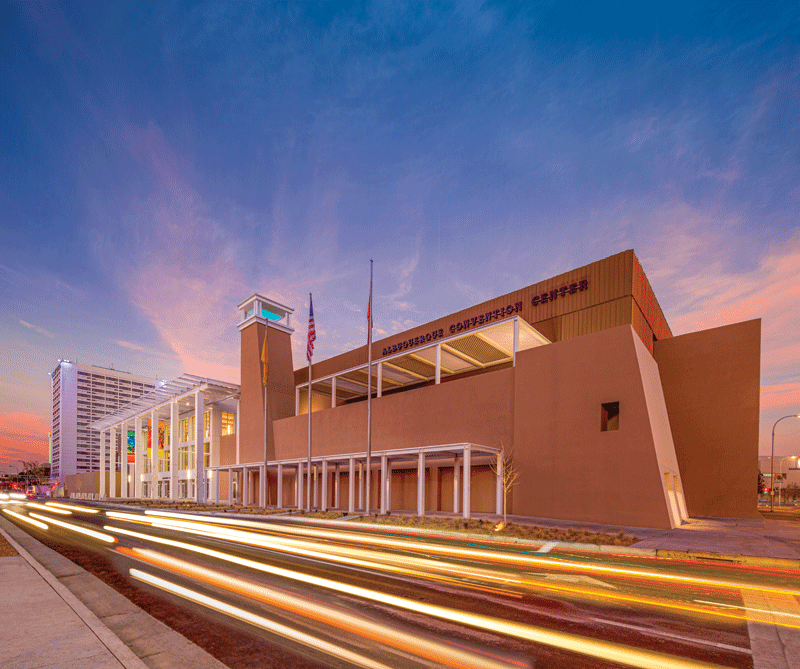 The convention center at twilight.