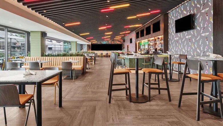 The restaurant in view with different seating options.