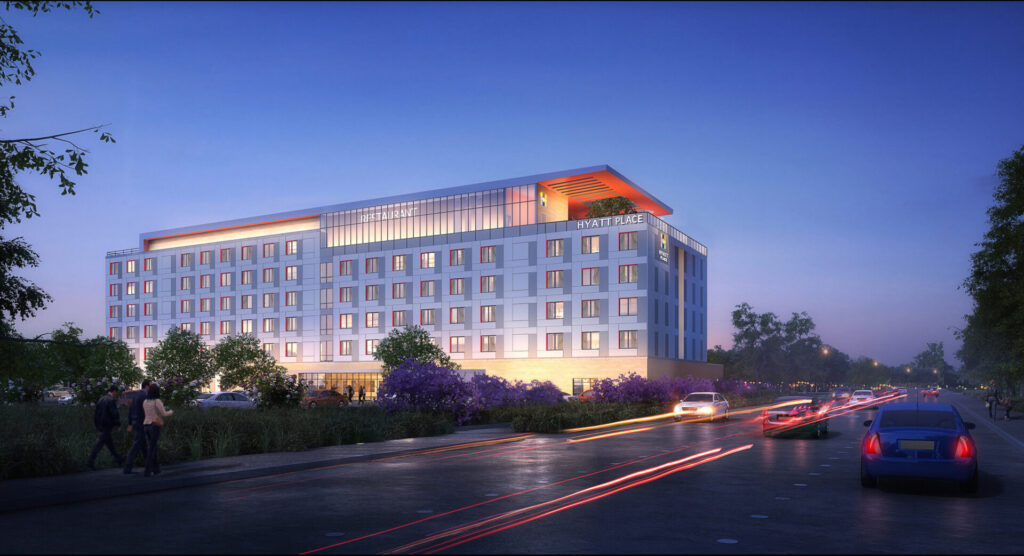 A rendering of the hotel's exterior.