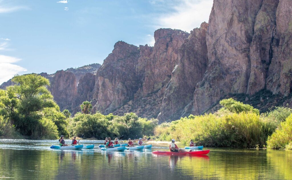 People kayaking along the lower Salt River.