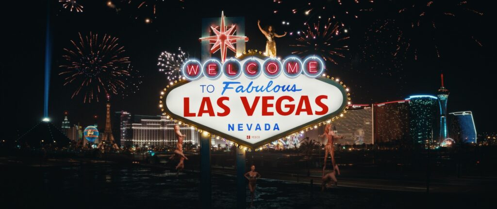 The 'Welcome to Fabulous Las Vegas' sign lit up. 
