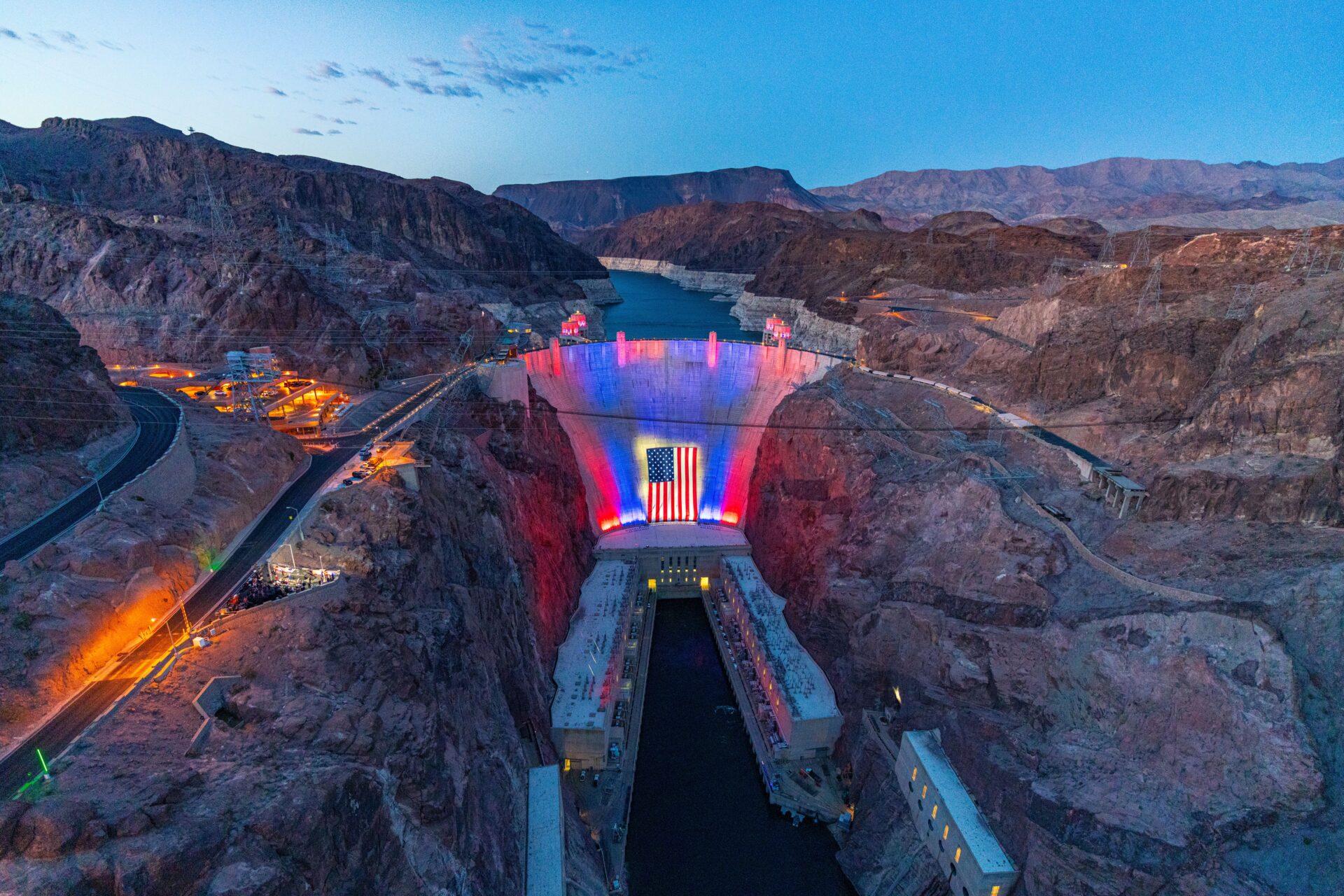 A giant American flag installation at Hoover Dam.