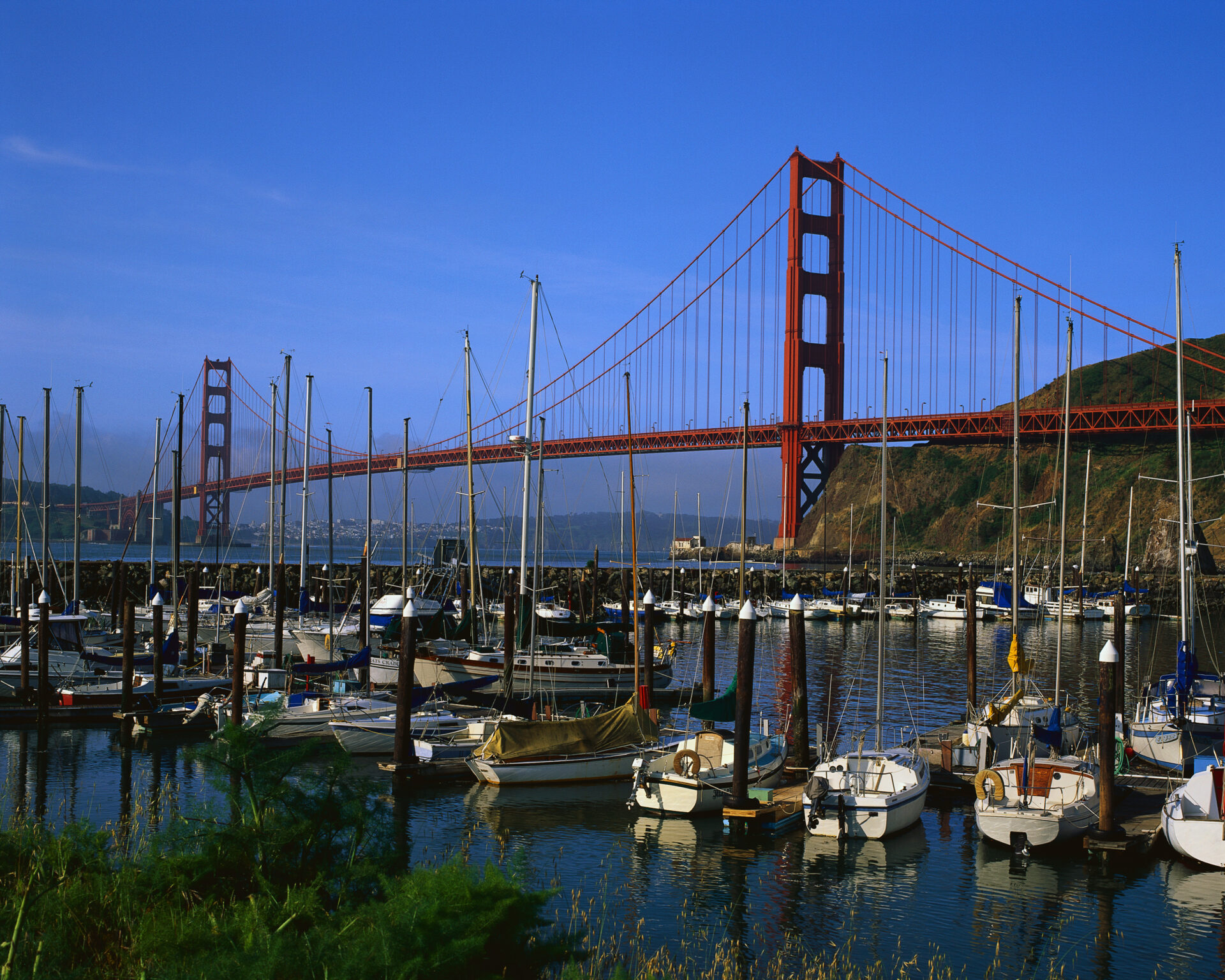 The red Golden Gate Bridge in the distance with many boats in the foreground.