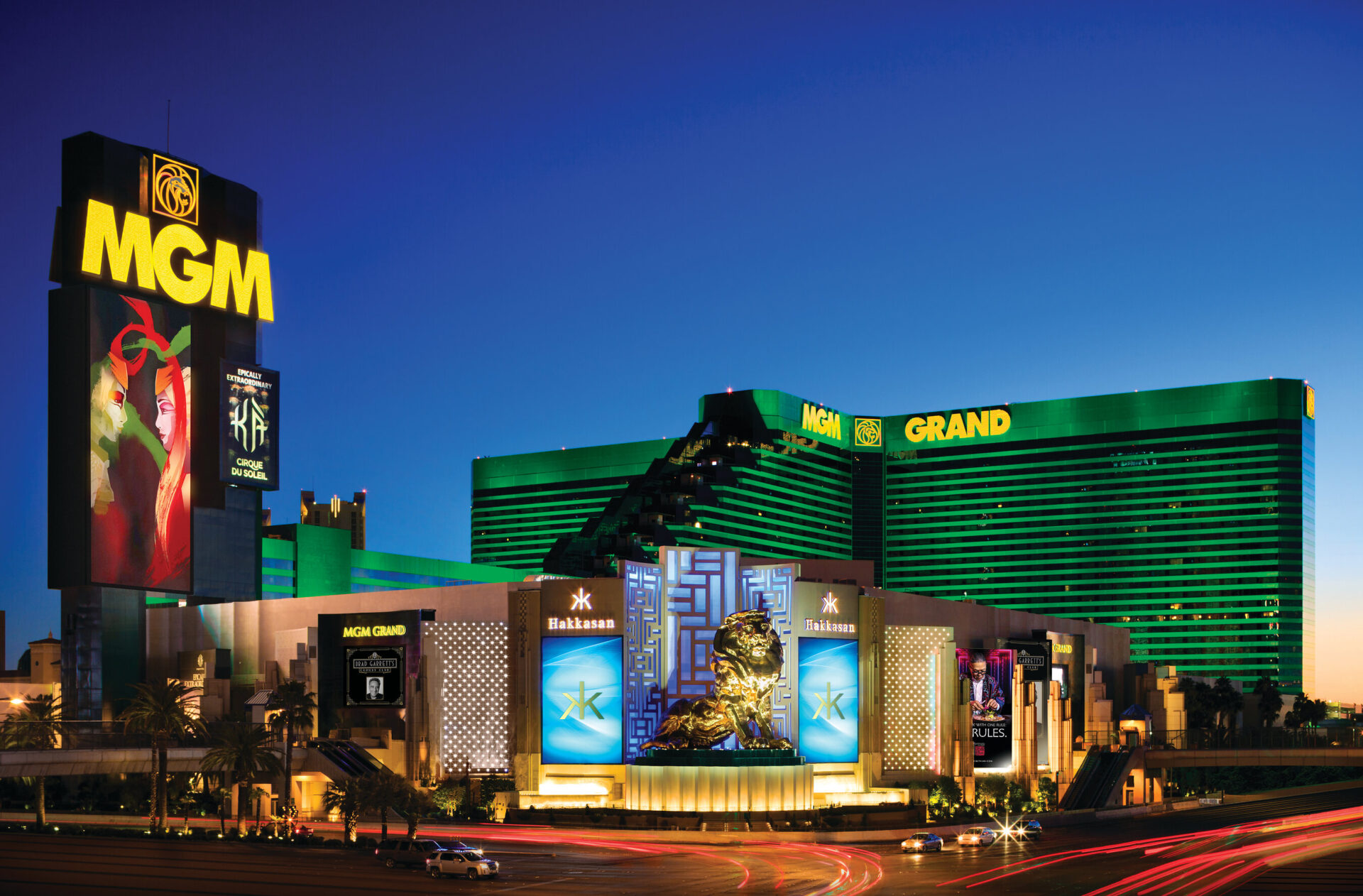 Exterior of MGM Grand Hotel & Casino in Las Vegas, featuring the resort’s green facade and prominent gold lettering.